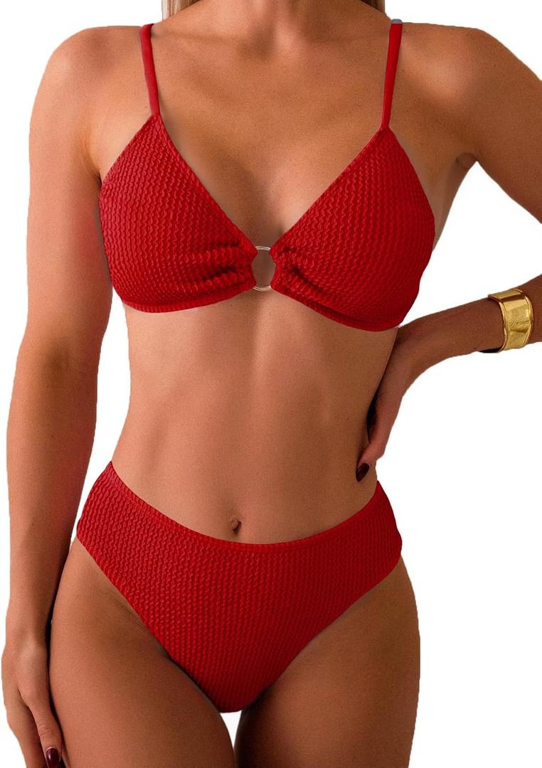 Fanuerg Women's Ribbed Triangle Bikini Sets O Ring Linked Two Piece Swimsuit Textured Cheeky Swim Bathing Suit (Medium)