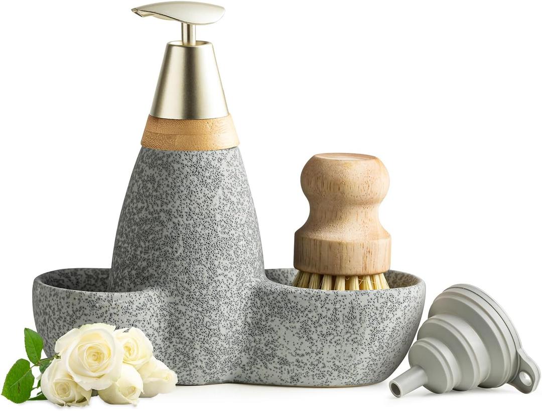 Hand Soap Dispenser for Kitchen Ceramic Soap Dispenser Set Refillable Bathroom Dish Soap Bottle with Brush for Shower Gel, Hand Soap, Shampoo, Gray