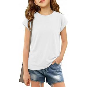 Girls Cap Sleeve T Shirts Kids Summer Crewneck Solid Tops Tees 5-14 Years (White)