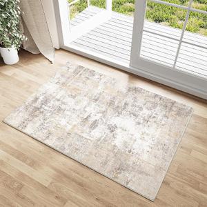 2x3 Washable Area Rug Beige Grey Abstract Entryway Kitchen Throw Rug Neutral Modern Non Slip Soft Low Pile Small Carpet for Bathroom Living Room Bedroom