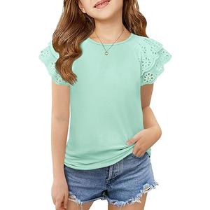 Haloumoning Girls Ruffle Sleeve T Shirts Summer Short Sleeve Casual Cute Crewneck Tops Tees