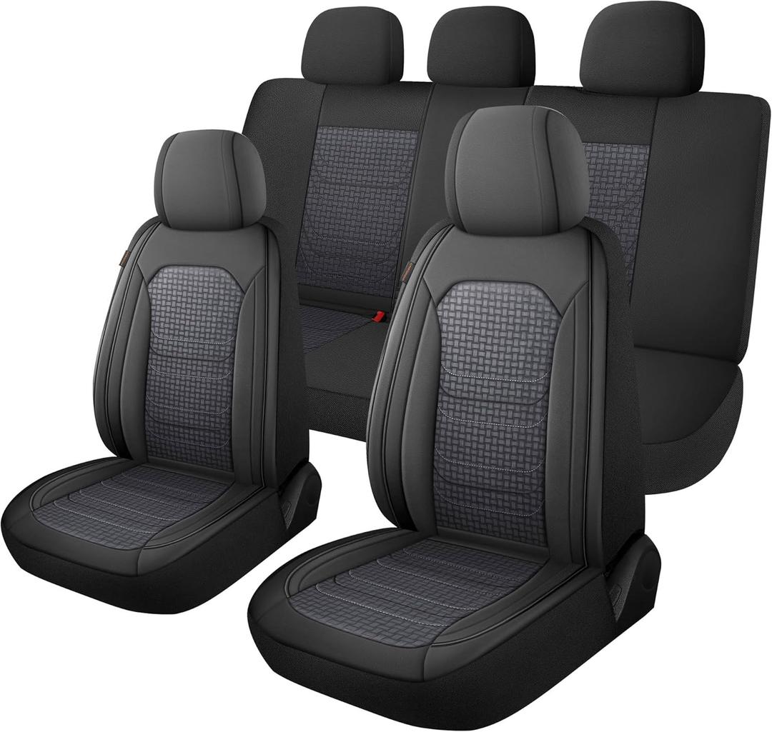 CAROMOP Premium PU Leather&Flannel Car Seat Covers Full Seats,Split Bench Compatible Car Interior Covers, Universal Fit Most Car Sedan Truck SUV(5-Seat Black/Grey)