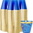 100 Pack 9 oz Blue Plastic Cups, Clear Disposable Cups with Gold Rim, Plastic Cocktail Glasses for Party & Graduation & Wedding