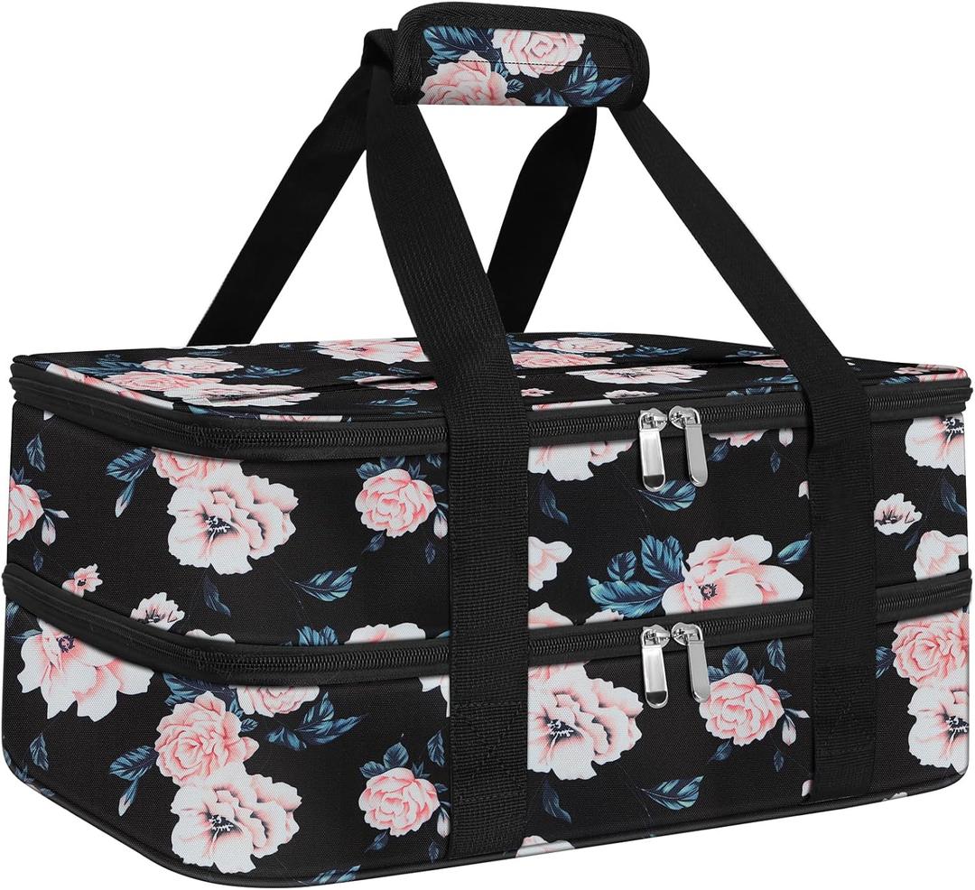 esouler Double Insulated Casserole Carrier Bag Hot & Cold Food Carrier Bag Lasagna Holder Lunch Bag for Picnics, Parties, Travel, Fits 9 x 13 Inches Casserole Dish-Flower