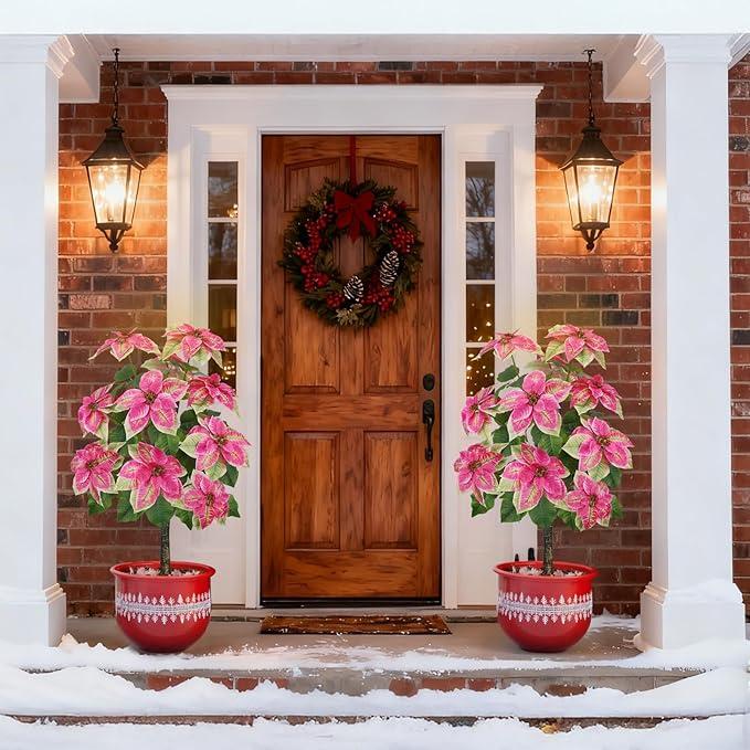 3ft Artificial Poinsettias for Outdoor 2pcs Potted Christmas Tree Xmas Planters Christmas Urn Filler for Pathway &Porch& Yard Decorations Pre-Assembled Faux Holiday Décor Indoor Use