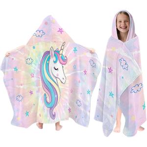 Unicorn Hooded Beach Towel for Kids, Pink Tie Dye Hooded Towels for Toddlers 30" x 50", Kids Beach Towels for Pool, Travel, Swim, Unicorn Wearable Bath Towel for Girls, Toddlers