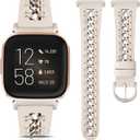 Minyee Leather Band Compatible with Fitbit Versa 2/Fitbit Versa/Versa Lite Bands Women, Dressy Premium Leather Designer Strap with Stainless Steel Metal Chain for Versa 2 Smartwatch Accessories (Starlight/Starlight)