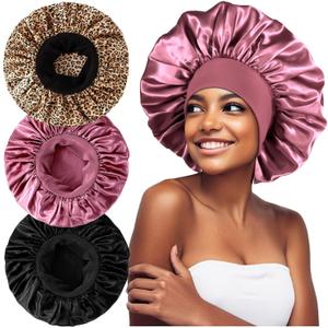 3PCS Extra Large Satin Bonnets for Sleeping, Hair Bonnets for Black Women Braids Curly Hair, C (C-black, Rose Gold, Leopard)