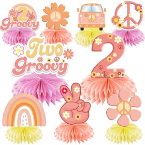 Two Groovy Party Decorations Table Honeycomb Centerpieces for Girls, 9 Pcs Groovy Birthday Theme Table Topper Party Supplies, 60s Retro Hippie Boho Party Decor 2nd Birthday Supplies