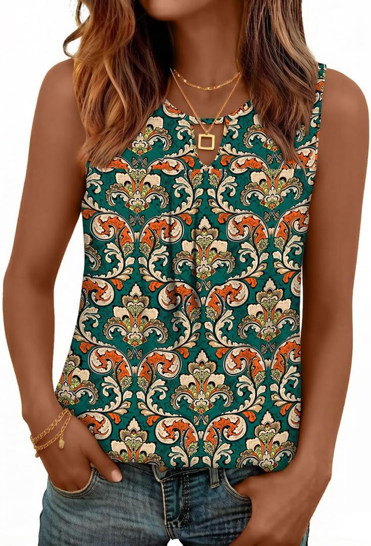SUNNEGOO Womens Summer Tank Tops Sleeveless Cute Loose Fit Dressy Casual Flowy Blouses Printed Pleated Shirt Trendy Tunic (L)