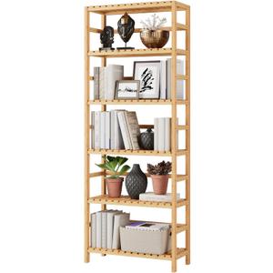 Bamboo Shelf, 6 Tier Bookcase Storage Shelves, Tall Book Rack Shelving Unit, Multipurpose Storage Display Shelf Adjustable Storage Rack for Bathroom Home Office Living Room Kitchen, Natural, 23.6L x 10.2W x 63.4H Inches