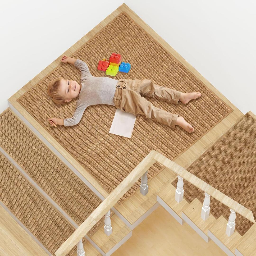 Stair Mat, 31" X 31" Stair Landing Rug with Self Adhesive Strips, Non Slip Stair Landing Mat for Kids Elderlys and Pets,1 Pack, Beige