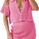 Saodimallsu Women 2 Piece Cover Up Set Crochet Beach Summer Knit Button Short Sleeve Crop Top Mini Skirt Sets (Small, Pink)