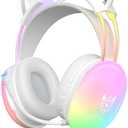 Cat Ear Gaming Headset with Mic, RGB Rainbow Lighting, Surround Sound, 3.5mm Wired Over-Ear Headphones for PC/Switch/Laptop, Lightweight and Adjustable Headband