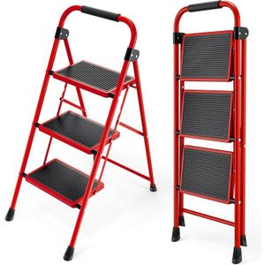 KINGRACK Step Ladder, Folding Ladder with Non-Slip and Wide Pedal, Small Ladder with Handle, Heavy Duty Steel Stool, Lightweight Step Ladder (Red, 3 Step Stool)