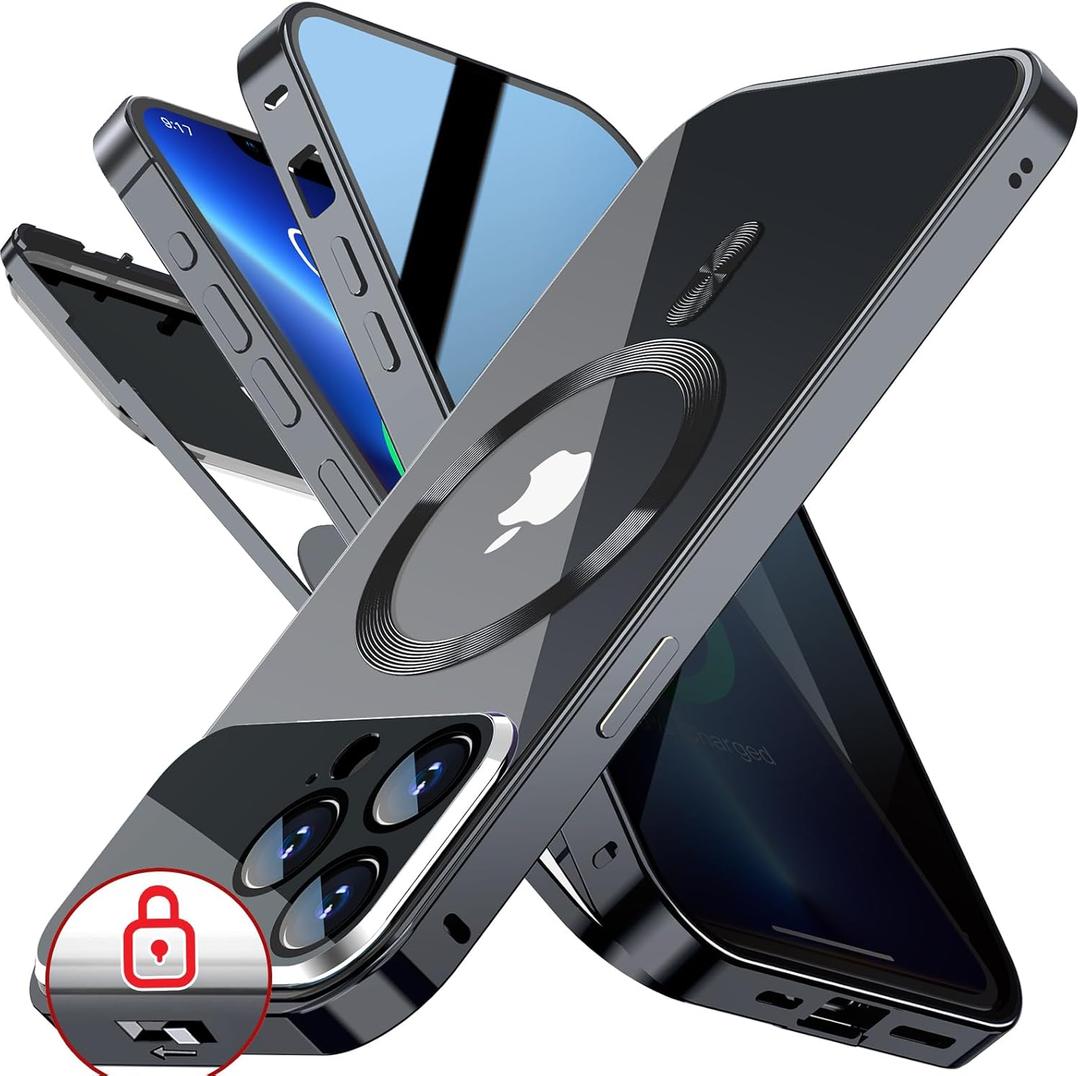[Full Camera Protection& Mechanical Lock]Magnetic Privacy Case for iPhone 13 Pro Max[Compatible with MagSafe][CD Metal Ring]Full Body Shockproof Metal Bumper, 9H Anti Peeping Glass Cover-Black