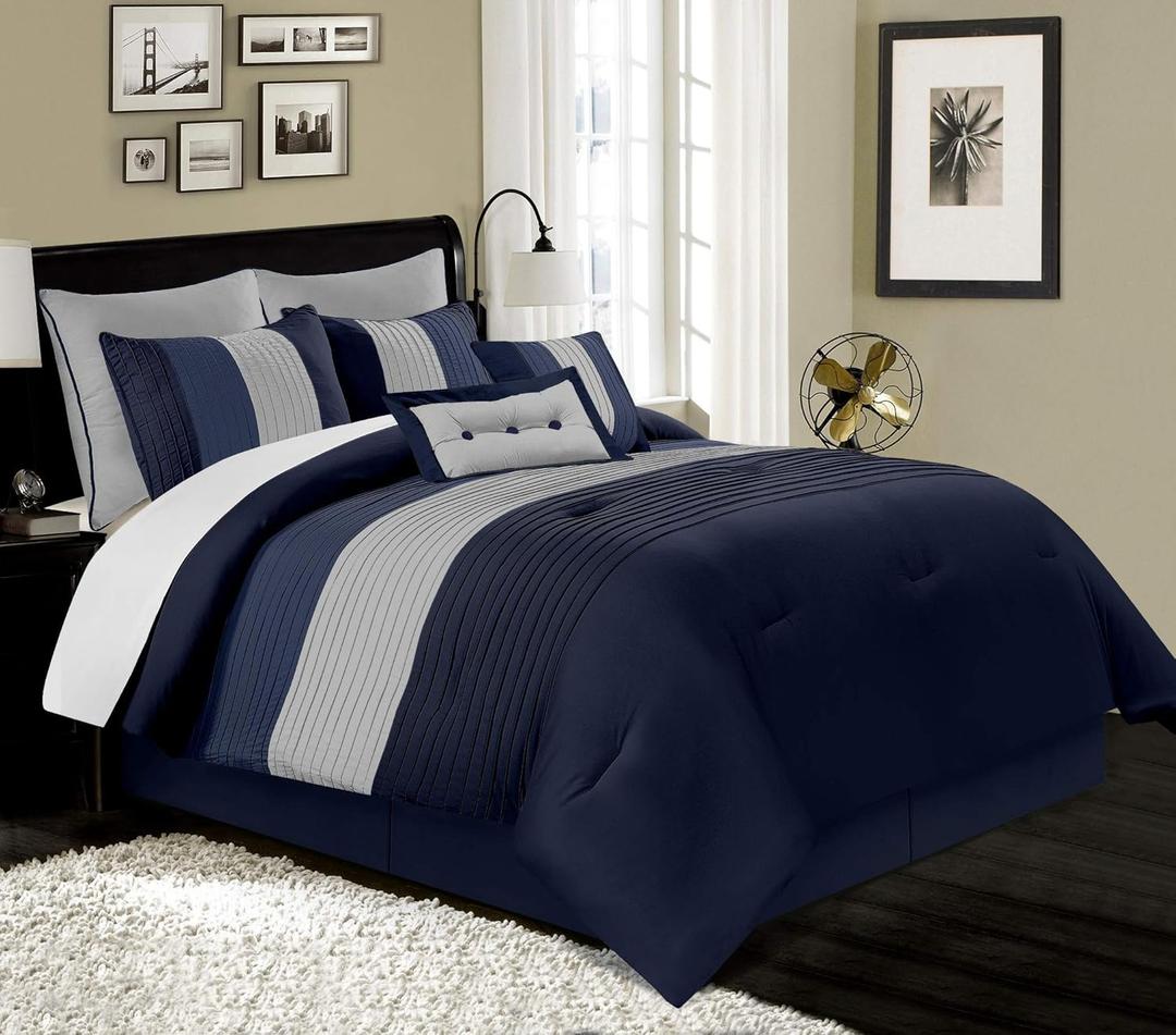 Chezmoi Collection Loft 8-Piece Luxury Striped Comforter Set (Full, Navy/Gray/Blue)