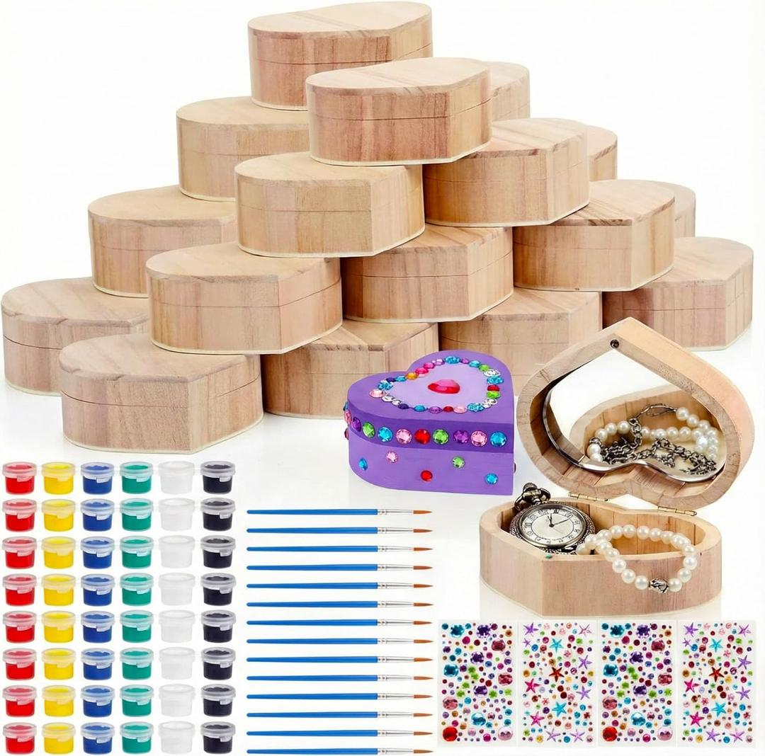 Kigley 12 Set/100 Pcs Unfinished Wooden Boxes for Crafts, 12 Heart Treasure Box with Mirror, 72 Paints, 12 Brushes, 4 Rhinestones Stickers for DIY Jewelry Keepsake Storage, Paint Party Favor