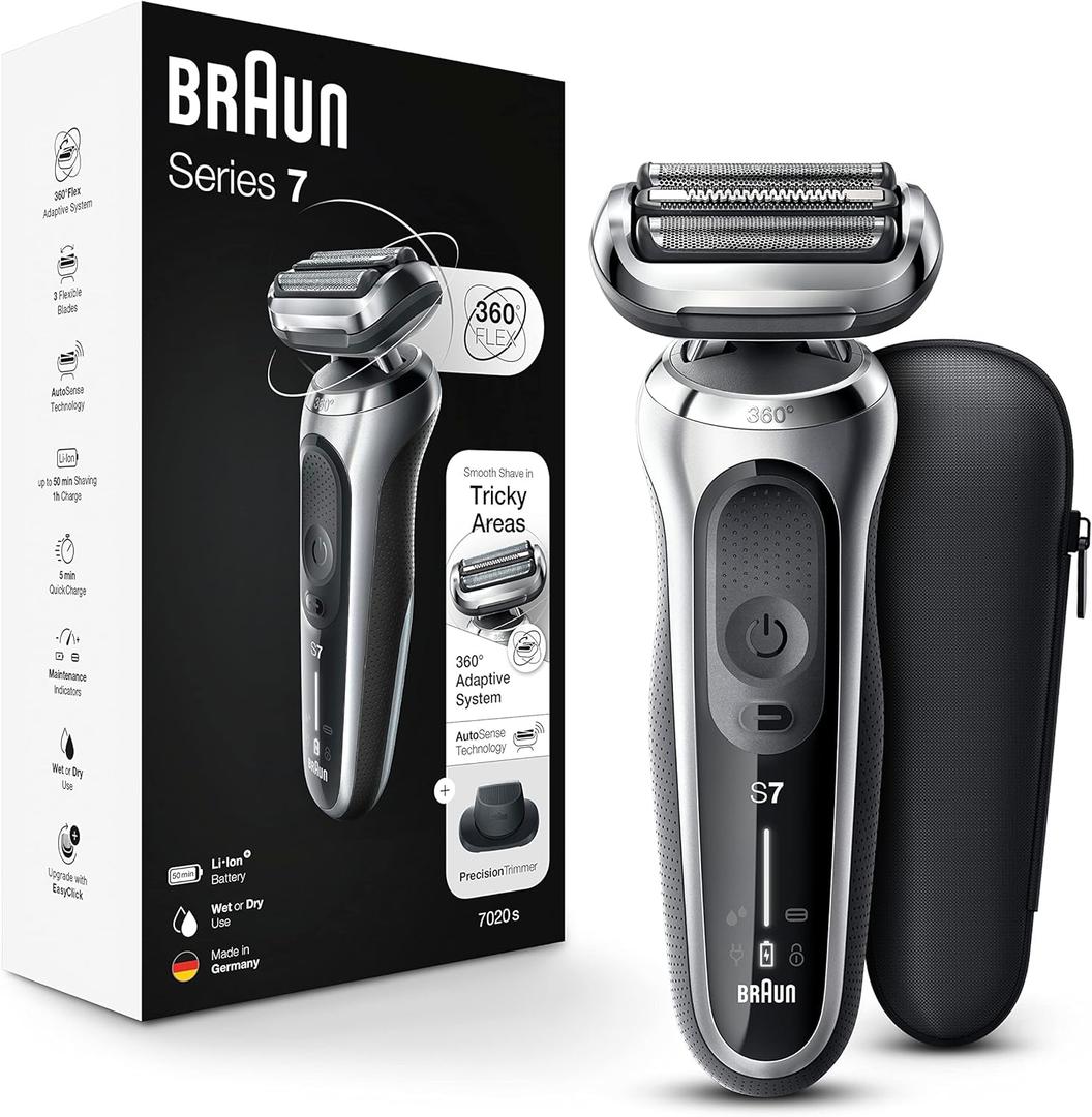 Braun Electric Razor for Men, Series 7 360 Flex Head Foil Shaver with Precision Beard Trimmer, Rechargeable, Wet & Dry and Travel Case, Black, 5 Piece Set (Silver)