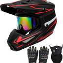 Youth Motorcross Helmet, Kids Dirt Bike Helmets, Motorcycle Helmets Off-Road Mountain Bike BMX MX ATV Helmet with(Gloves Goggles Mask) 4Pcs Set - DOT Approved (B-Red, Large)
