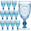 JLYLOL Plastic Wine Glasses 12Pcs Plastic Goblets 7.5oz Colored Retro Embossed Glassware Vintage Stemmed Drinking Cup Reusable Water Goblets for Wedding Reception Grand Event Party Bar,Whiskey (Blue)