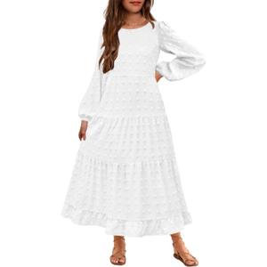 HOSIKA Girls Maxi Dress Long Sleeve Swiss Dot A Line Tiered Flowy Casual Party Dresses with Pockets for 6-12 Y (White)