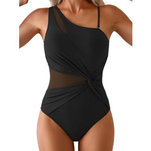 One Shoulder One Piece Swimsuit for Women Mesh Tummy Control Bathing Suit Twist Swimwear with Removable Strap (Small, Black)