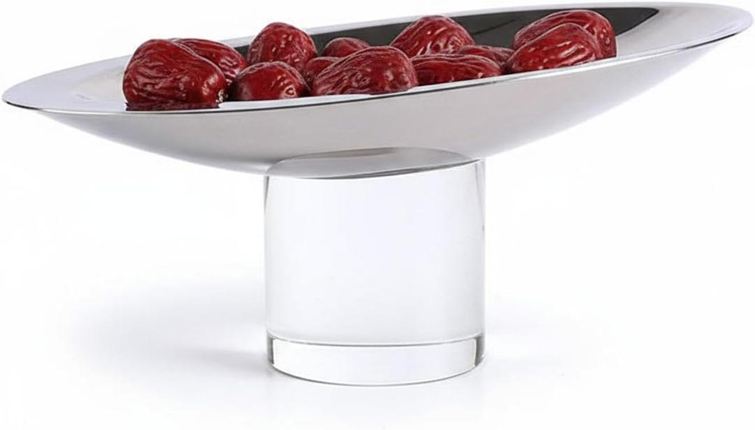 Modern Decorative Bowl for Dining Table, Thickened Luxury Serving Tray with Crystal Column Base, 10" L4.8" W4" H, Crystal Stainless Steel Fruit Bowl for Coffee Table, Home Decor