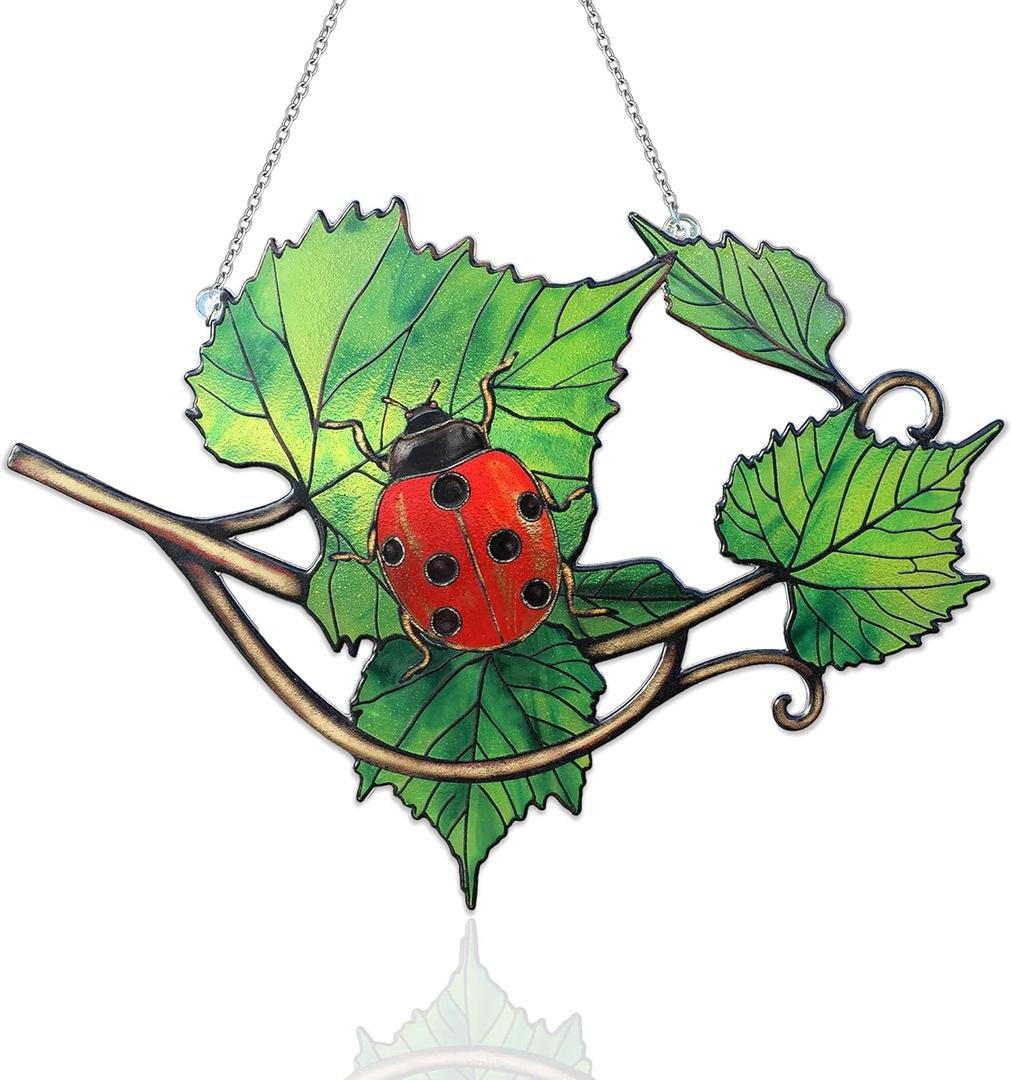 Plant Suncatcher Glass, Stained Glass Suncatcher Plant Window Hanging, Unique Nature Lover Gifts Leaf (Leaves & Ladybug)