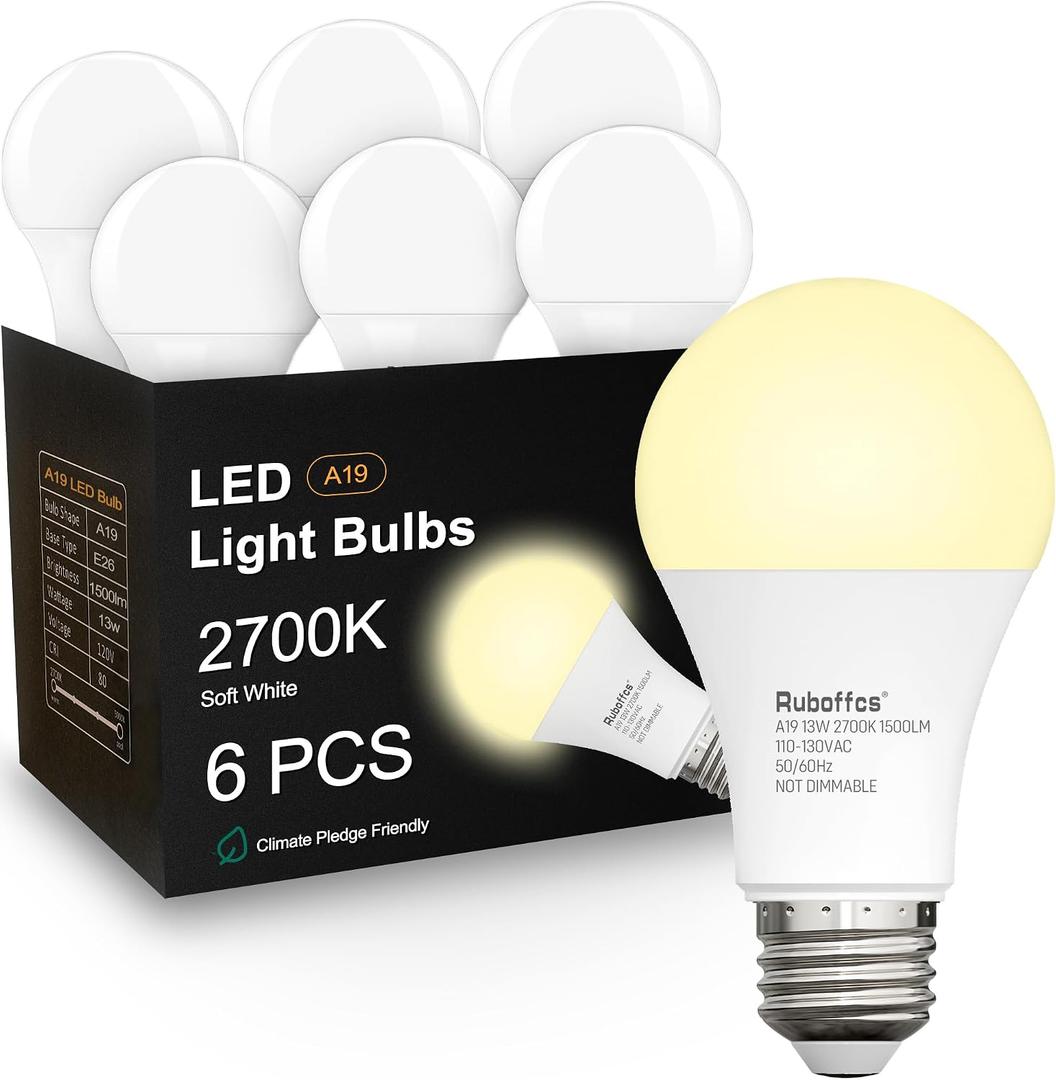 6 Pack A19 LED Light Bulbs,Soft White 2700K,100 Watt Equivalent