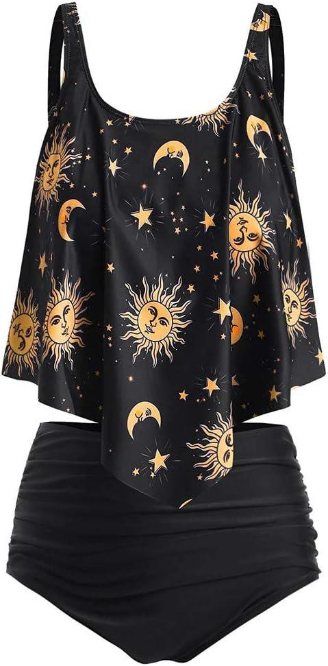 Women Sun Stars Moon Flounce High Waisted Tankini Swimsuit (2XX-Large, Yellow2)