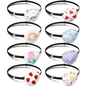 Eurzom 8 Pcs Eye Patches for Kids Adjustable Single Eyepatch Reusable Cute Girls Boys Patch with Elastic Strap for Left or Right Eye Patch, Various Patterns(Fresh Style)