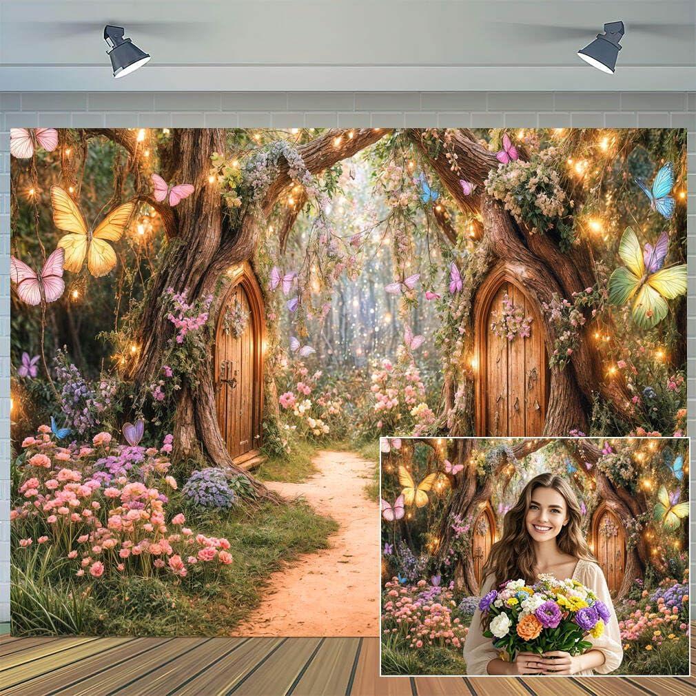 10X8ft Enchanted Forest Backdrop Fairy Tale Magic Garden Wonderland Floral Butterfly Photography Background for Kids Girls Baby Shower Birthday Party Decoration Cake Table Photo Booth Props (Multi)