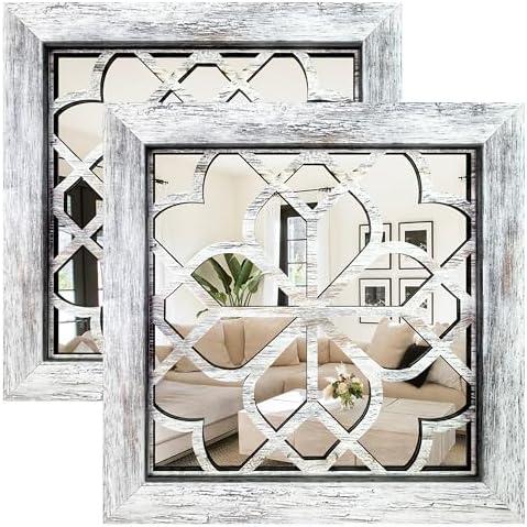 HMANGE Farmhouse Wall Mirror with Carved Floral Design - Rustic Mirror Decor for Home, 12x12 Inch 4PCS