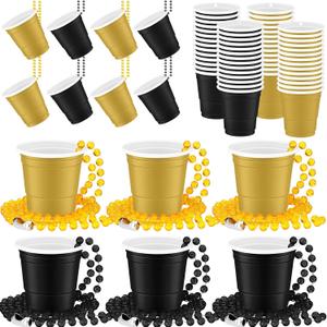 Remerry 24 Pcs Black and Gold Shot Glass on Beaded Necklace Graduation Party Cups Supplies 2026 2oz Disposable Mini Plastic Shot Cups with Necklace for Birthday Wedding Festival Party Favors