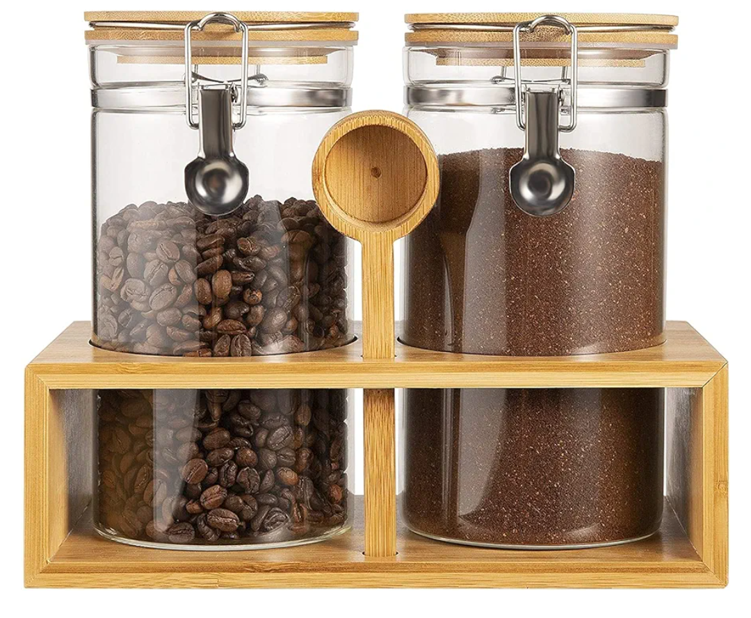 Yangbaga Ground Coffee Storage Container with Shelf, 2×45OZ Glass Coffee and Sugar Container Set, Coffee Canisters with Airtight Lids and Scoop, Food Storage Jars for Kitchen,Nuts,Tea,Sugar