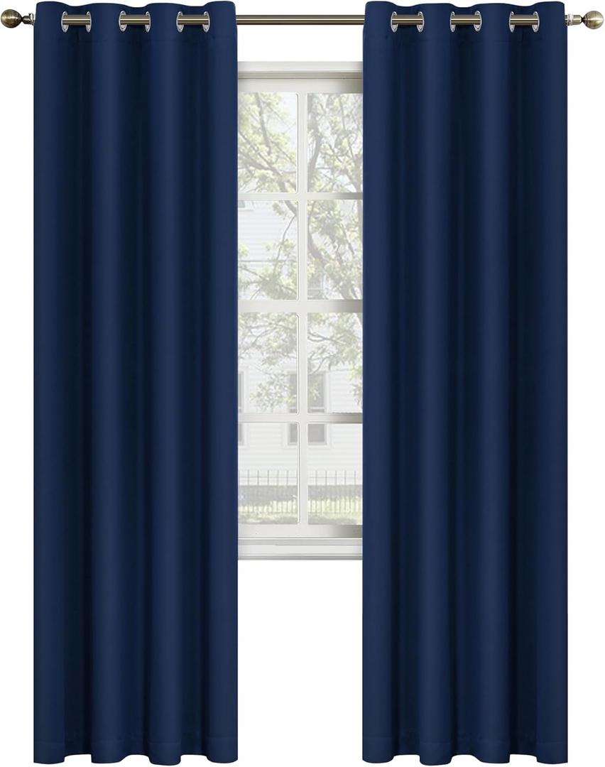 MYSKY HOME Navy Blue Curtains 84 Inches Long Blackout Curtains for Living Room Bedroom Blue Curtain Grommet Window Drapes Privacy Protect Room Darkening Single Panel Curtain, 52 x 84 Inch