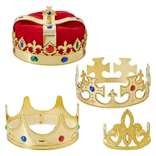 BLUE PANDA 4-Pieces King and Queen Crowns Set for Kids - Gold Crowns and Tiara for Royal Theme Birthday Party Costume Accessories and Photo Booth Props - Props For Photobooth