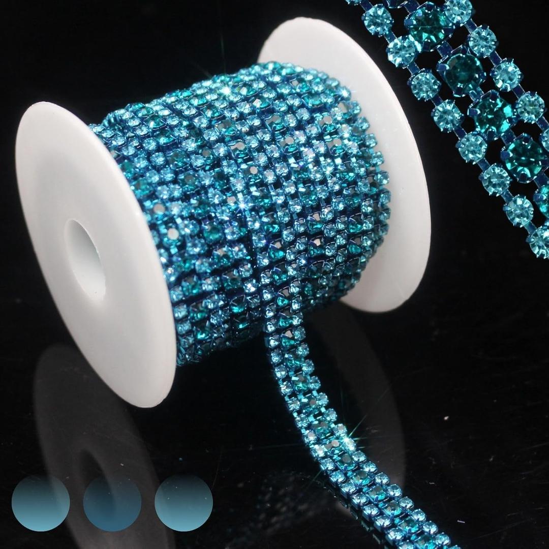 PEARLY JUN 3 Yards 3 Rows Aquamarine Blue Zircon Rhinestone Chain Bling Crystal Trips Diamond Applique Silver Fringe Trim for Crafts Dress Applique Clothing Sewing Embellishments