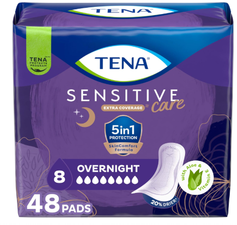 Tena Sensitive Care Incontinence Pads, Bladder Control, Postpartum for Women, Overnight Absorbency, Extra Coverage, 48 Count