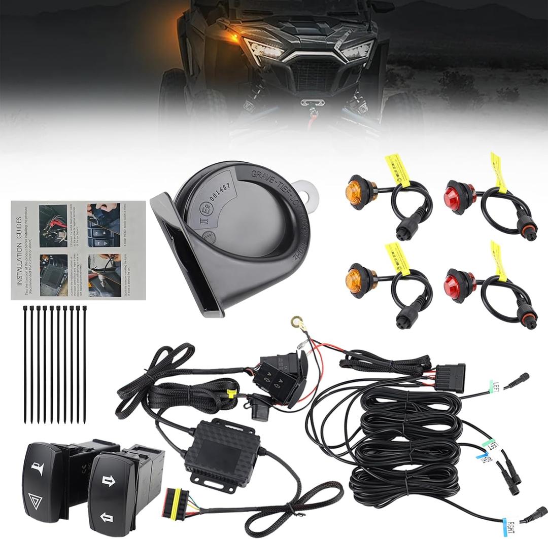 UTV ATV Turn Signal Kit, 110D Horn With Button,Universal Turn Signal With Turn Switch, LED Blinker Kit, Compatible With Polaris, Can-Am, Kawasaki, Arctic Cat, CFMOTO, Pionee Amber and Red