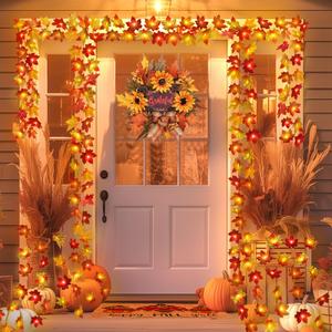 2 Pack Thanksgiving Decorations Maple Leaf Pumpkin Lights, Total 20Ft 40 LED Battery Operated 3D Pumpkin Fall Leaves Garland String Lights for Home Mantel Table Porch Door Indoor Outdoor Fall Decor