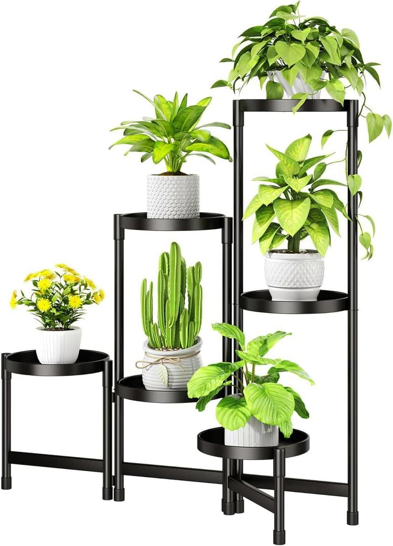 Plant Stand Indoor Outdoor with Metal Tray 6 Tiered Corner Plant Holders for Folding Plants Flower Pot Holder Display Stand for Living Room Balcony Garden-Black