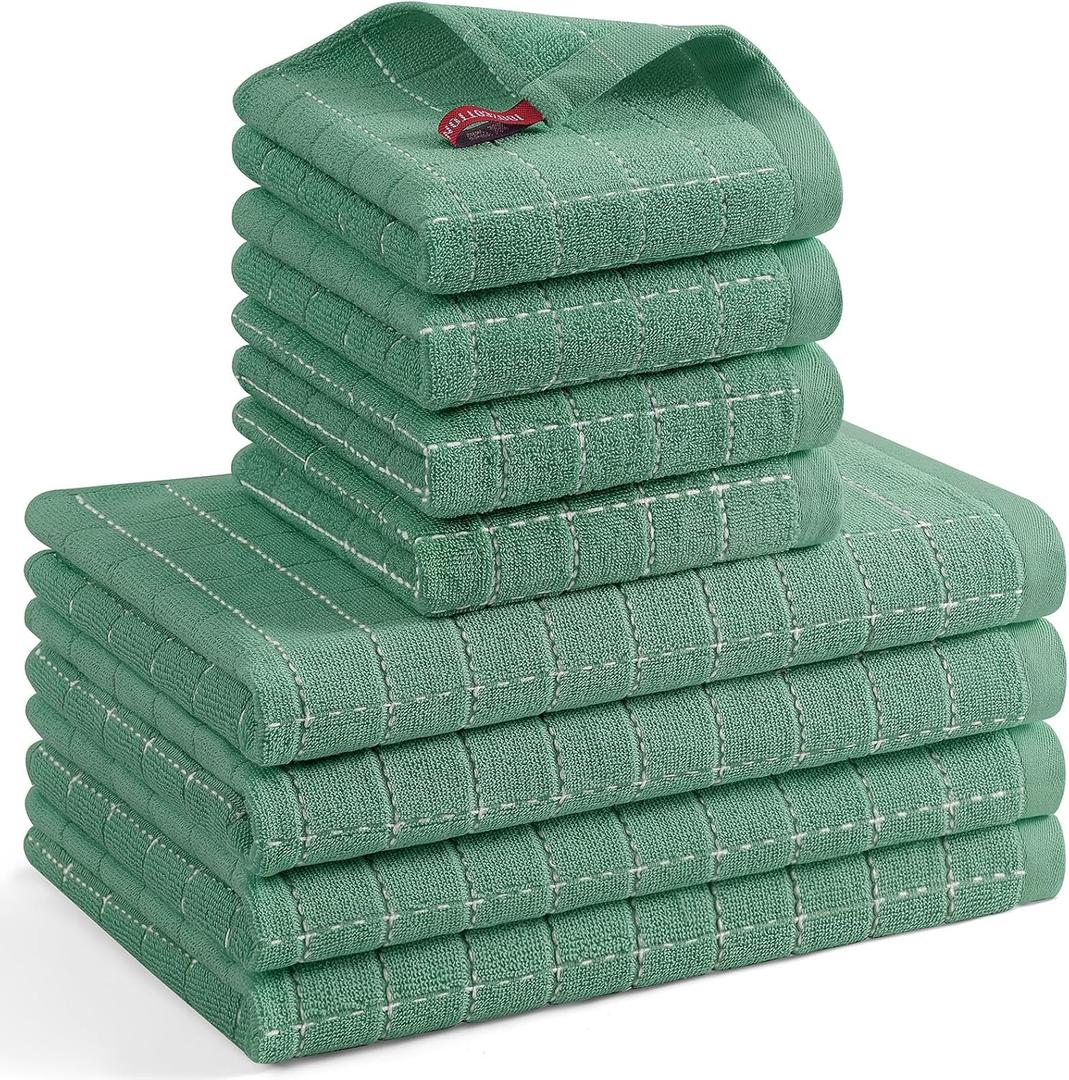 Mordimy 100% Cotton Terrycloth Kitchen Towels and Dishcloths Sets, Soft and Absorbent Checkered Dish Towels, Quick Drying Dish Rags for Washing Dishes, 4 Pack 16" x 26" & 4 Pack 12" x 12", Grass Green