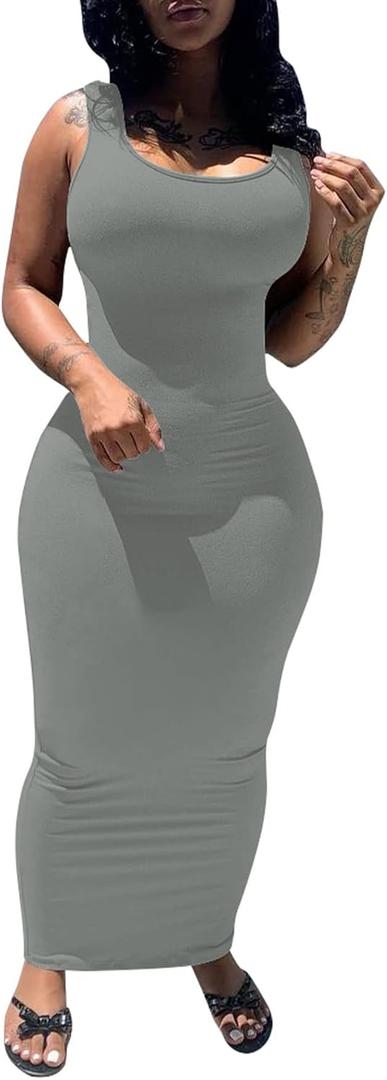PINSV Women's Sexy Bodycon Tank Dress Basic Sleeveless Long Maxi Dresses Party Club Beach Sundresses Dark Grey L 6605