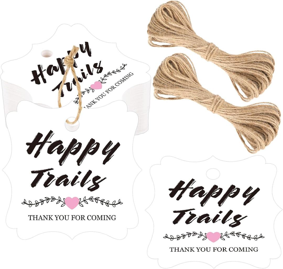 G2PLUS Happy Trails Tags-100PCS Thank You for Coming Tags Happy Trails Party Favors Tag White Paper Gift Label with String for Wedding, Bridal Shower, Retirement, Guest Appreciation Party Favors