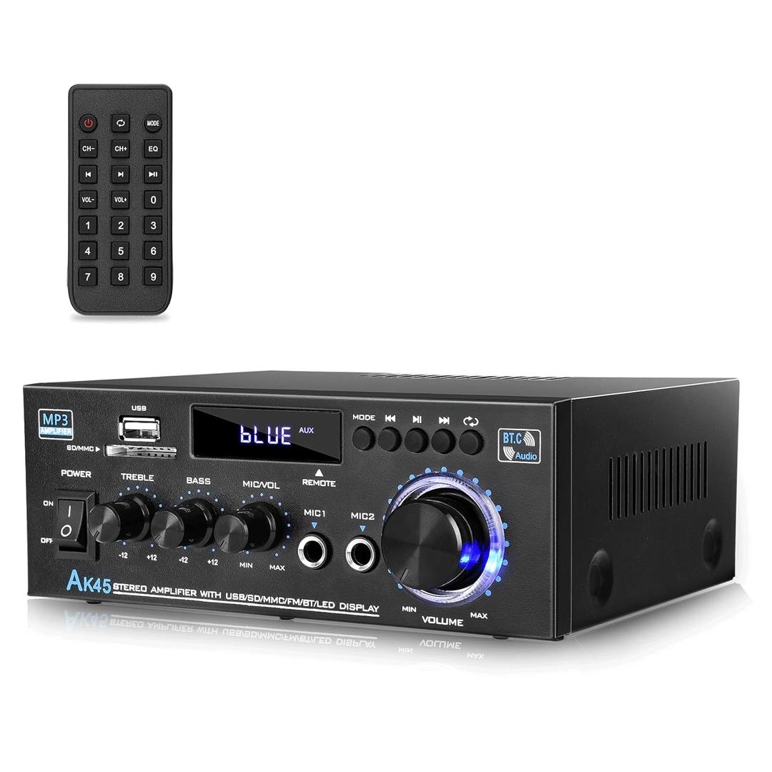 AK45 Amplifier Stereo Receiver Bluetooth 5.0 Power Amp 2 Channel 300W Home Audio Amplifier w/USB/SD Card/BT/Mic Input for Home/Garage/Ceiling/Passive Speaker Theater System