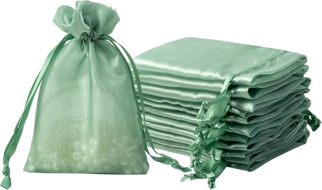 QIANF 20 Pcs Sage Green Small Organza Bags 4X6 inch for Wedding Favors with Drawstring, Mini Mesh Gift Bags Jewelry Pouch for Candy Bridal Shower Party Favor Baby Shower Christmas
