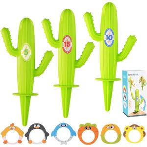 Mini Cactus Ring Toss Game for Toddlers Ages 1-5, Easter Basket Gift & Party Favor with 3 Stake Targets & 6 Animal Rings, Travel-Size Backyard Outdoor Camping Stocking Stuffer