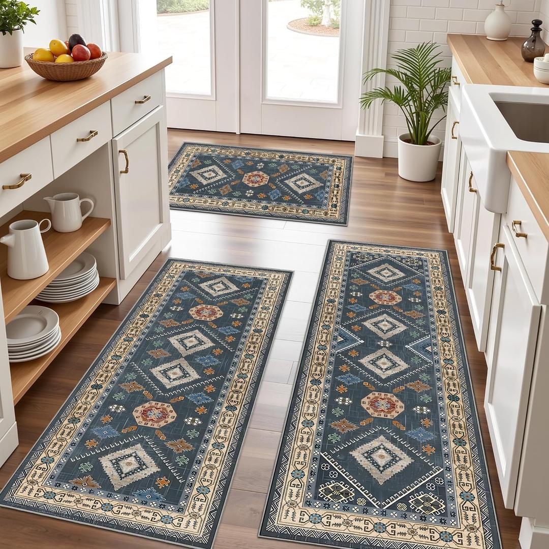 Non Slip Kitchen Rugs Sets of 3 Washable Boho Kitchen Mats for Floor Vintage Farmhouse Kitchen Rug Soft Runner Rug for Hallway, Laundry Room, Indoor Entryway (1'8" x 4'11" (3 PCS), Dark Blue)